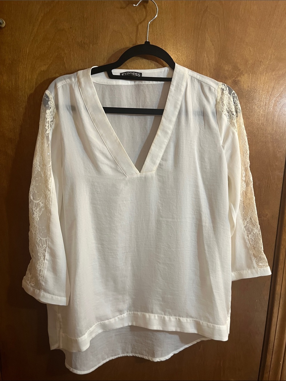 Express Cream V-Neck Lace-Sleeve Blouse - Bundle for Free Shipping